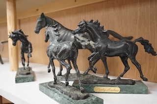 Osborne, three bronze models of horses, Darley Arabian and Byerley Turk, another similar model plus a spelter model of a horse (4). Tallest 25cm high. Condition - possibly with light cleaning the marks maybe removed from